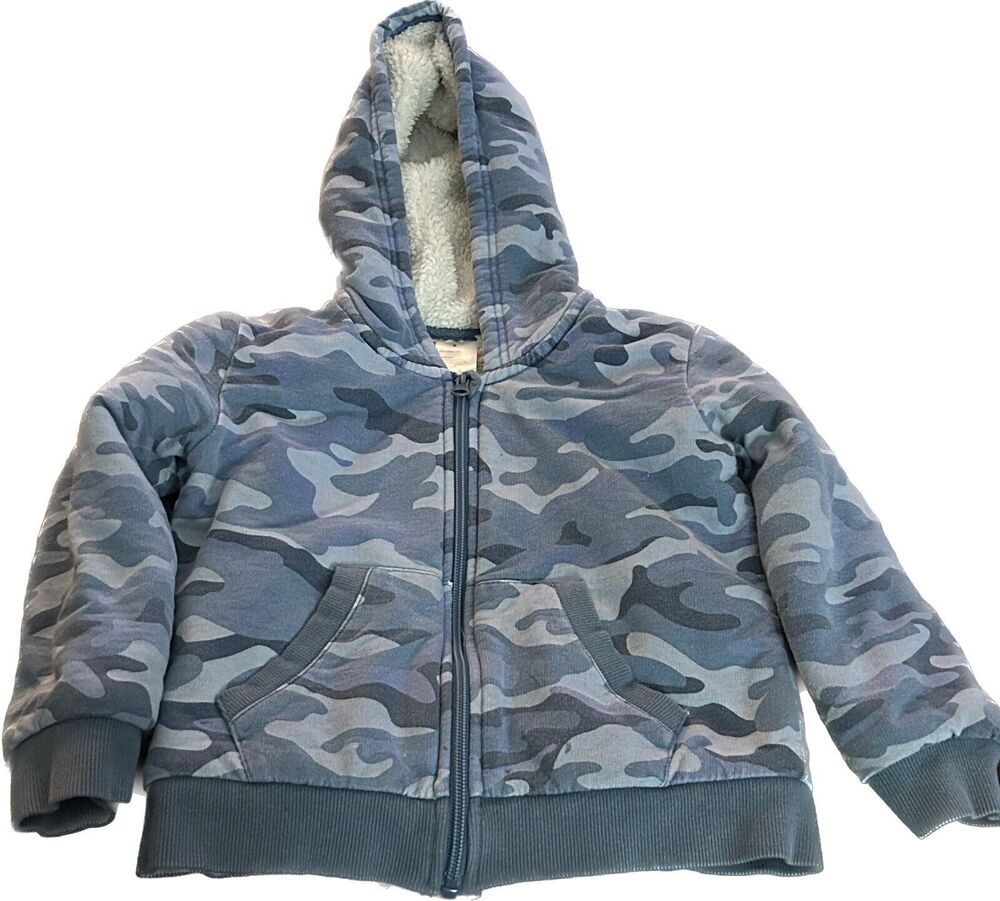 Lily & Dan Kids Blue Camo Fleece Lined Zip Hooded Jacket Size Small